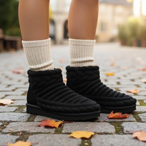 NWOT UGG CLASSIC MINI CHUNKY KNIT BLACK CARDY BOOT  Women's - Picture 1 of 9